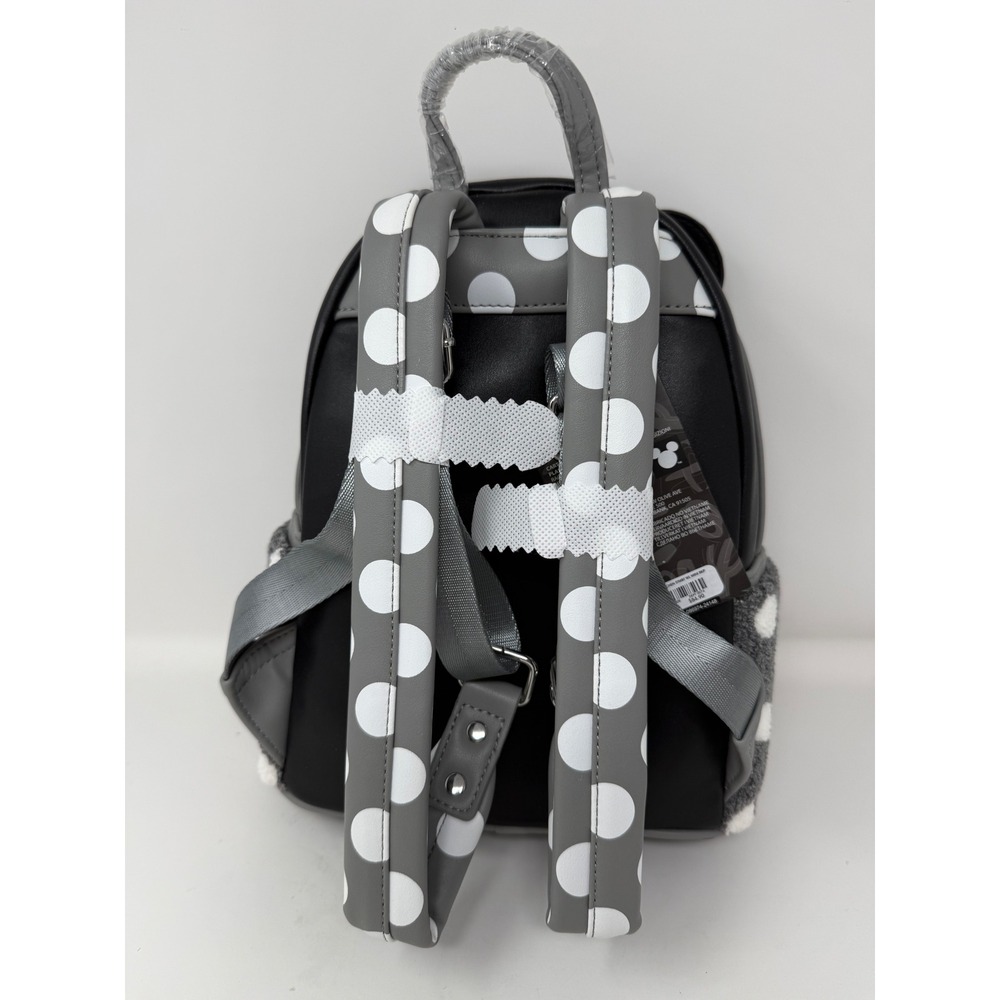 Loungefly Disney Minnie Mouse Vintage Polka Dot‎ Sherpa Mini Backpack Black Grey - Picture 4 of 5